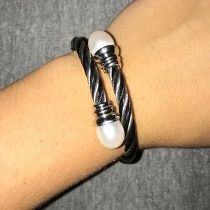 Pearl stone and silver/black twisted band bracelet